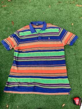 Vintage 90s Polo Ralph Lauren XXL Multicolor Serape Striped Nubby Cotton Polo Sh